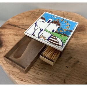 Vintage Cigarette & Double Match Holder & Striker Box - Handpainted Ceramic